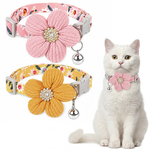 2 PCS Cat Collar with Bells, Breakaway Kitten Collar with Flower, Soft Adjustable Cats Collars Floral Pet Collars with Safety Buckle for Kitten Puppy and Small Pets (Pink, Yellow)