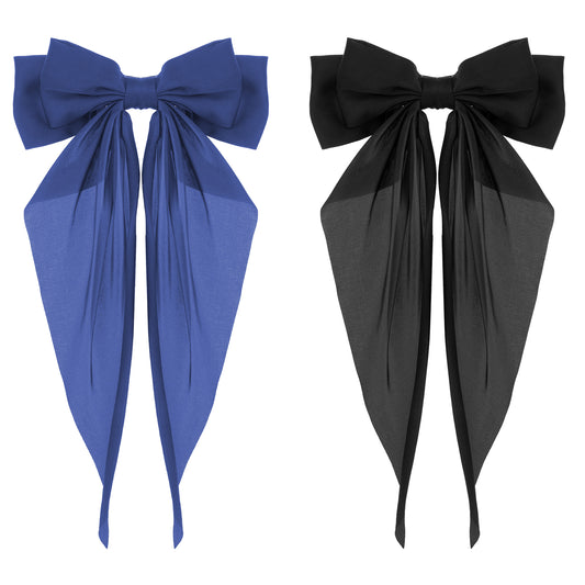 Silky Satin Hair Bows, 2 PCS Big Black Bow and Navy Blue Bow Set Bowknot Metal Spring Clip Oversized Long Tail Hair Ribbons Ponytail Holder French Barrettes Hair Accessories for Women, Christmas Gifts