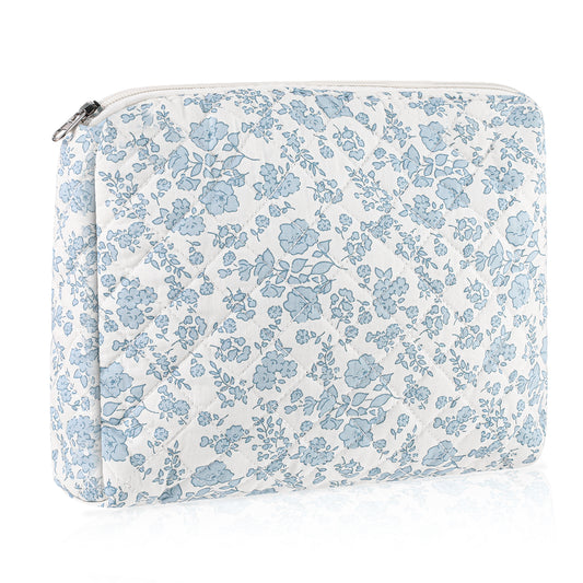 Floral Makeup Bag, Cosmetic Bags for Women Girls Cute Cotton Make Up Bag Large Quilted Makeup Bags Kawaii Travel Cosmetic Pouch Organizer Skincare Bag Toiletry Bag for Women Girls (Blue Floral)