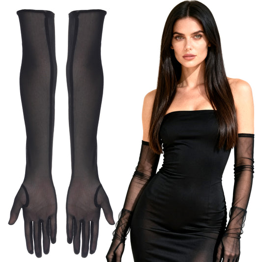 2Pcs Long Black Sheer Gloves Mesh Stretchy Tulle Long Lace Opera Formal Glove 1920s Accessories Tea Party Accessories Elbow Length Ladies Wedding Outdoor Party Opera Halloween Costume Dance Gloves