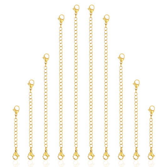 Stainless Steel Necklace Extenders, 10PCS Gold Chain Extenders for Jewelry Making, Adjustable Lobster Clasp Extender Chains for Necklaces, Bracelets, Anklets (Assorted Sizes 2-6 Inch)