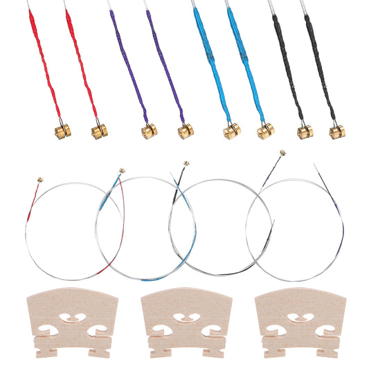12 Pcs Violin Strings Universal Full Set (G-D-A-E) with 3 Pcs Violin Bridge 4/4 Violins Universal Steel Core Dominant Fiddle String Classic Steel Strings for Instruments 4/4 3/4 1/2 1/4 Violins