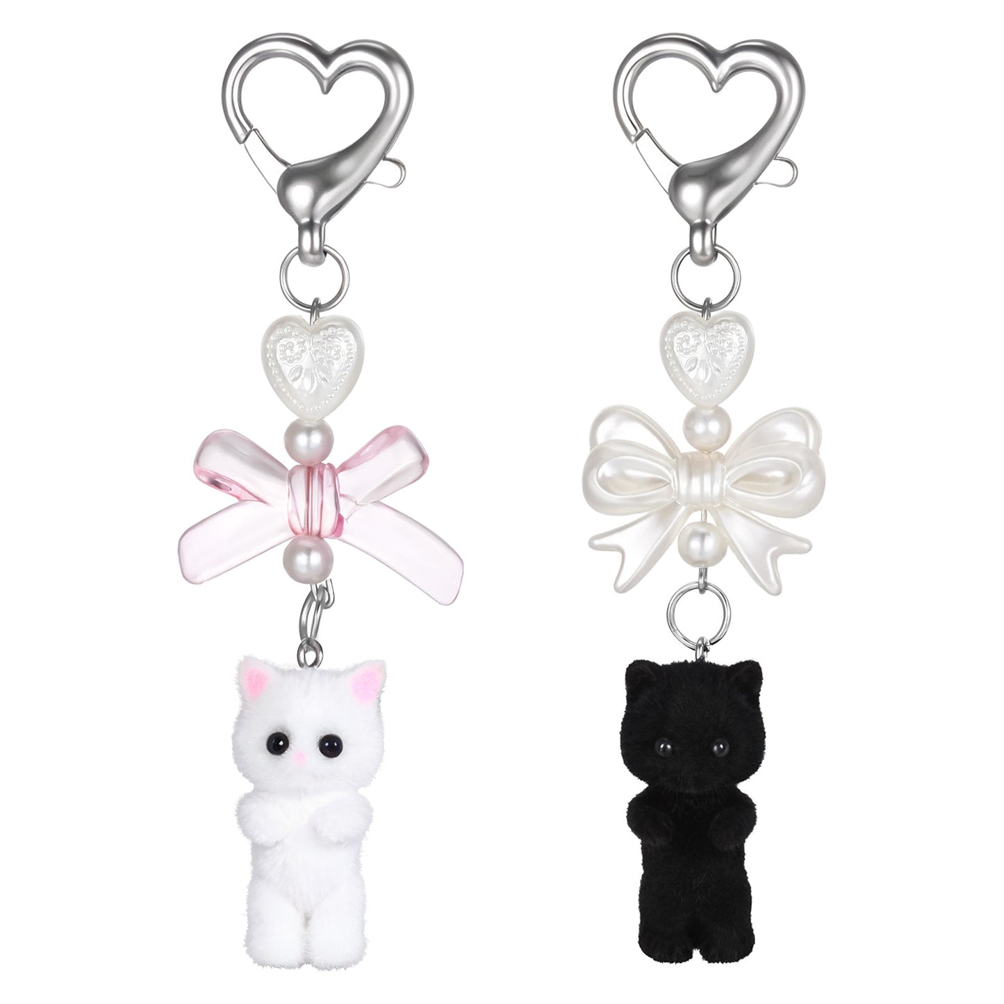 SynHHergyx 2 PCS Cute Cat Keychain, Fuzzy White and Black Cat Keychain Purse Charms, Aesthetic Y2k Keychain Heart Bow Pendent Cat Decor Cat Loves Cat Keychains for Women Girls Kawaii Cat Bag Charm