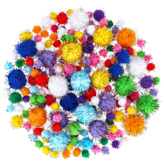 200 PCS Assorted Size Small Sparkle Balls, Tinsel Pom Poms Glitter Sparkle Balls Cat Fuzzy Toys Balls, Soft and Fluffy Craft Pompoms for DIY Creative Crafts Decorations, Multicolored