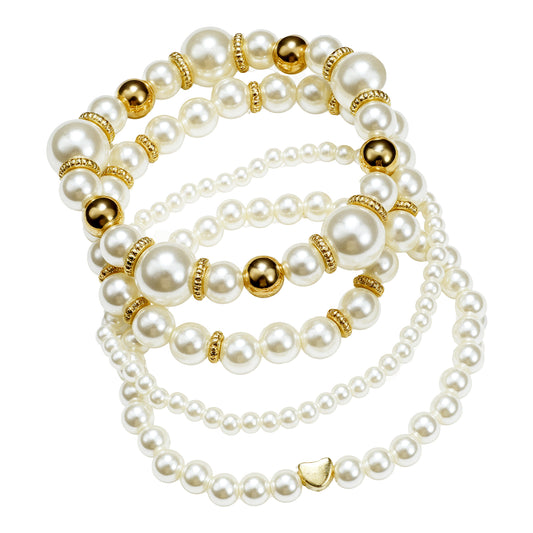 Pearl Bracelets for Women, 4 Pcs Stretch White Beaded Bracelet Stackable Simulated Pearl Bracelets for Women Bridal Bridesmaid Wedding Jewelry Prom Party Christmas Gift (Gold)
