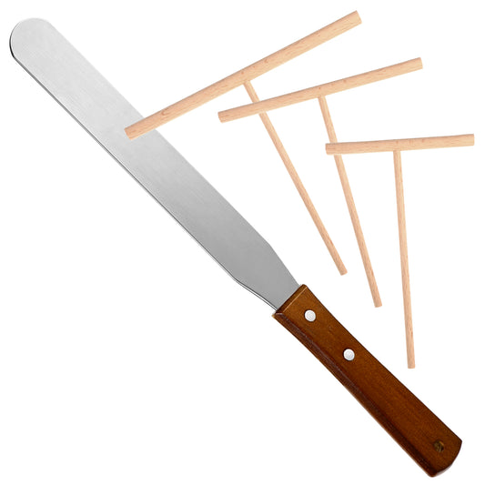 Crepe Spreader and Spatula Kit 1 Pcs 12.6" Stainless Steel Spatula Turner 3 Pcs 3.5" 5" 7" Wooden T-Shaped Batter Spreaders Pancake Tool Crepe Tools Kit for Any Size Pan Maker