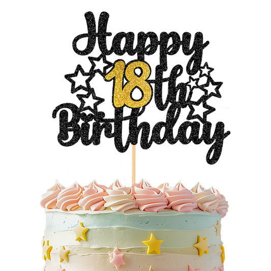 1 PCS Black Gold Glitter Happy 18th Birthday Cake Topper, Cheers to 18 Years Birthday Cake Pick, Funny Happy Birthdays Party Supplies for Girls Boys