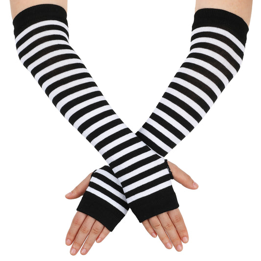 Xthrotsenk 2 Pairs Black White Stripe Fingerless Gloves Gothic Punk Rock Arm Sleeve Long Arm Warmers Knit Fingerless Gloves Goth Accessories Halloween Accessories (13 Inch)