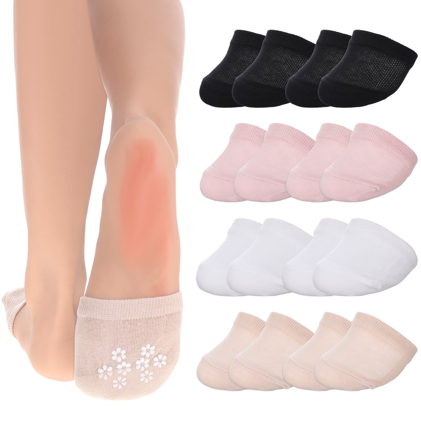 8 Pairs Toe Topper Socks Women, Half Socks Non Slip Invisible No Show Liner Half Sock Toe Cover Sock (Black, White, Bean Paste, Khaki)