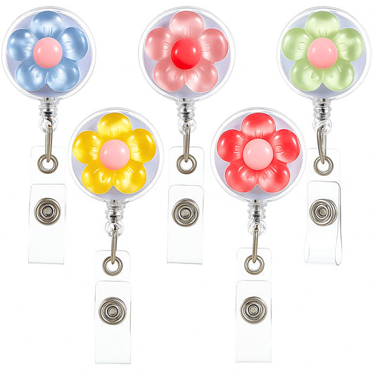 5 Pack Flower Retractable Badge Holder, Cute Flower ID Card Holder, Round Nurse Badge Reel Clip Retractable Keychain Lanyard with Key Ring for Nurse Doctor Teacher Office Volunteer