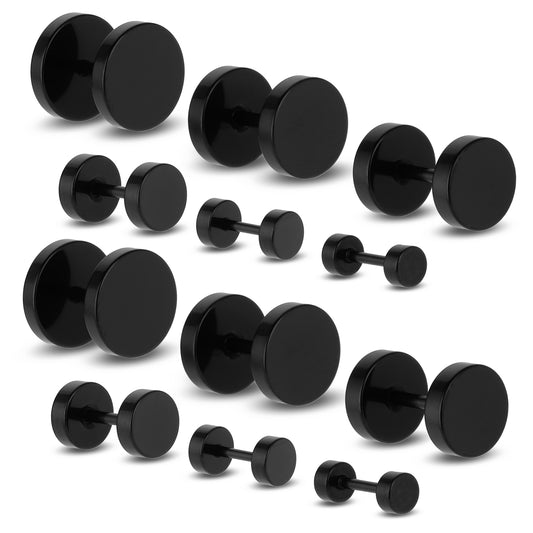 9 Pairs Black Stud Earrings for Men Women Faux Gauges Earring Black Titanium Steel Dot Earrings 3mm-14mm (9 Sizes)