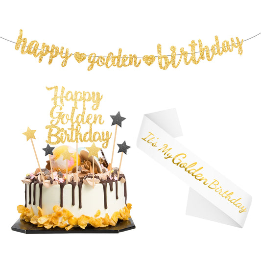 Golden Birthday Party Decorations, It's My Golden Birthdays Sash with Gold Foil, Happy Goldens Birthday Banner, Gold Cake Topper for Adult Women Men Party Supplies