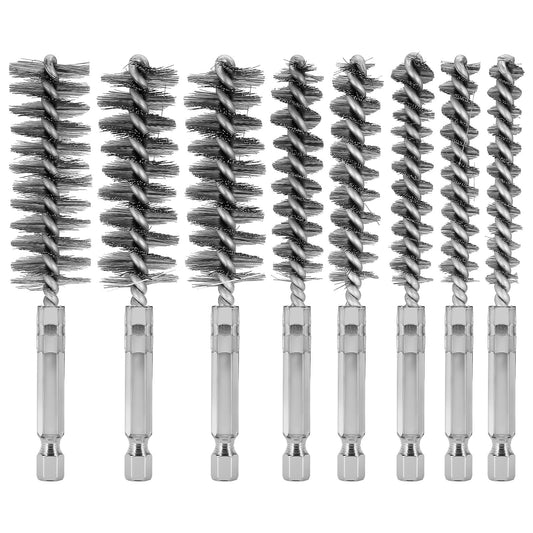 8 Pcs Stainless Steel Bore Brush with 1/4" Hex Shank, Twisted Wire Brush for Drill with Different Sizes, Wire Brush for Power Drill Cleaning, 4 Inch Long(8, 9, 10, 11, 13, 15, 17, 19mm)
