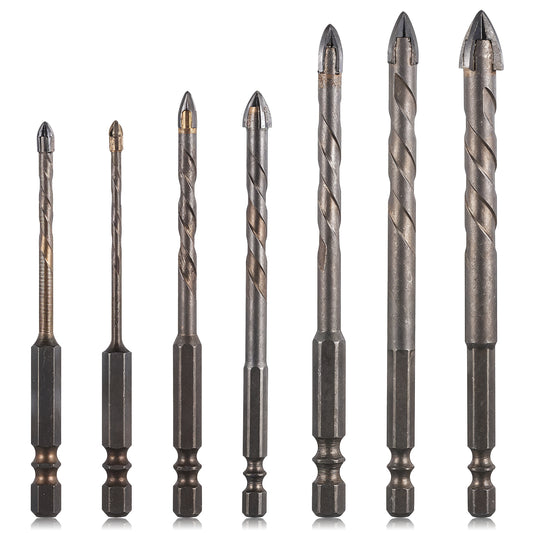 Four-Flute Sawtooth Eccentric Twist Drill Bit High-Strength, 7 Pcs Four-Edged Serrated, Industrial Strength Carbide Drill Bits, for Stone, Glass, Concrete, Wood, Brick, Metal, 3/4/5/6/8/10/12mm