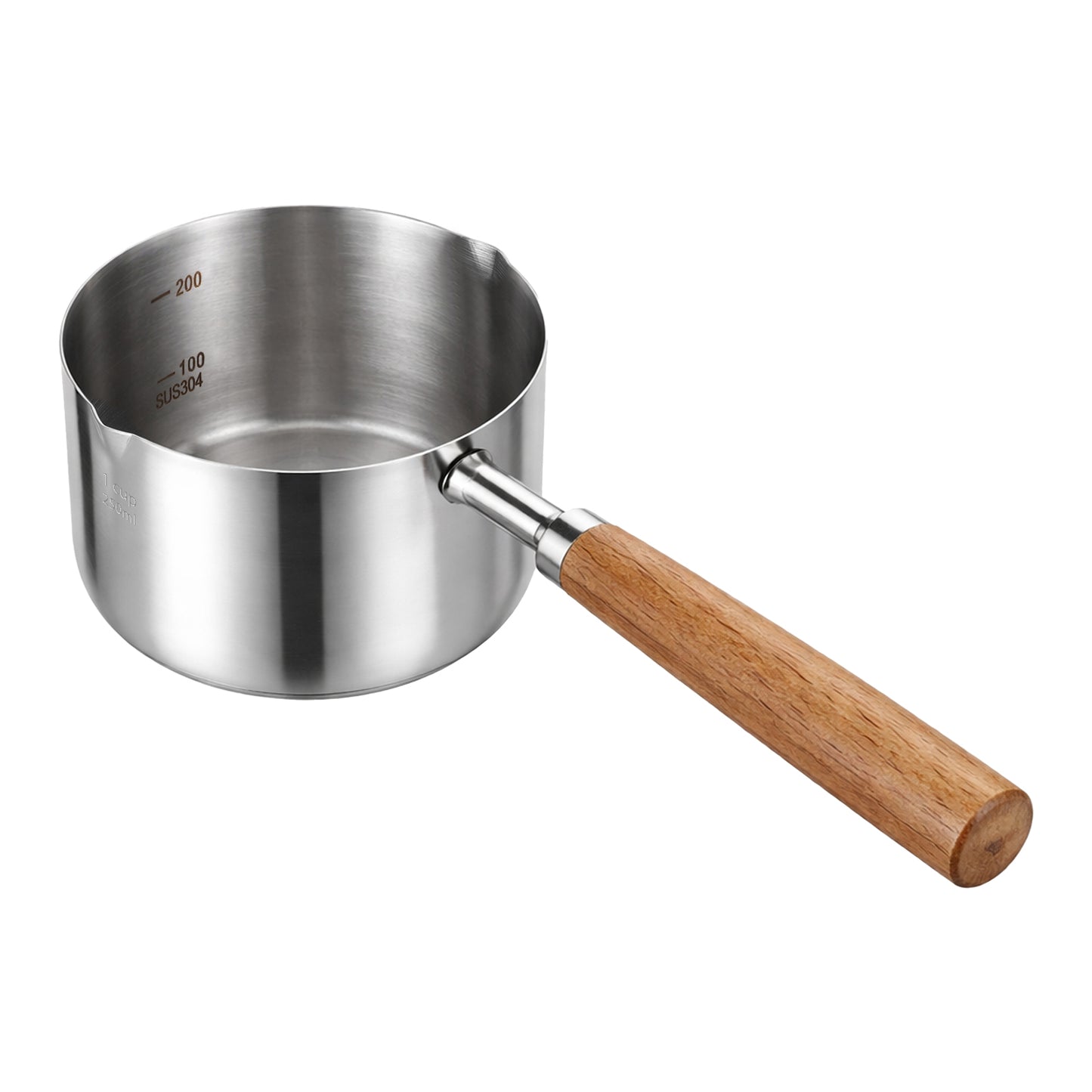 Stainless Steel Mini Pot Butter Warmer Small Sauce Pan with Pour Spout Wooden Handle for Milk Coffee Butter Cooking 250ml
