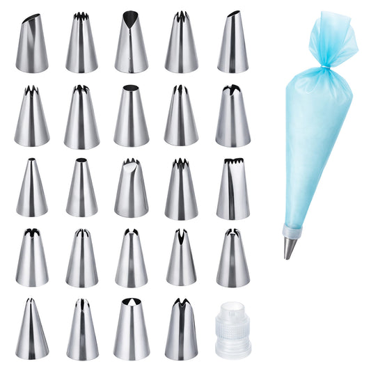 26Pcs Piping Tips Set: 24Pcs Icing Piping Tips with Reusable Pastry Bags and Coupler, Baking Supplies Kit for Cookies Cupcakes