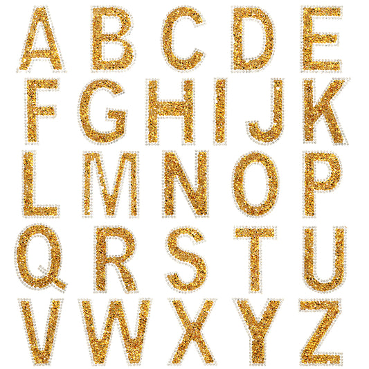 26 Pcs Gold Rhinestone Letters Stickers Glitter Rhinestone Iron On Patch Glitter Self Adhesive Alphabet A-Z Bling Rhinestone Letter Gold Crystal Alphabet Stickers for DIY Clothes Bags Craft Decors