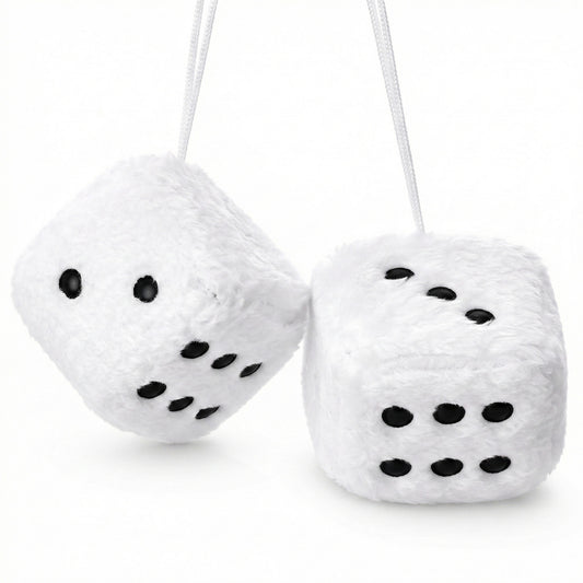 1 Pair 3" White Fuzzy Plush Dice, Retro Square Car Dice with White Dots Cute Soft Plush Rearview Mirror Decor Rear View Mirror Hanging Accessories for Car Interior Ornament Decoration