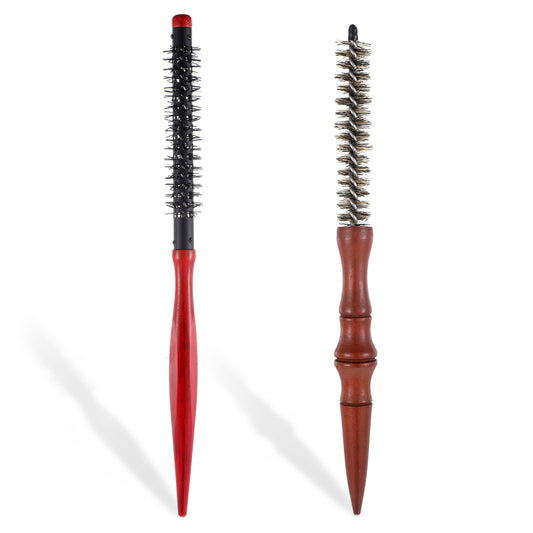2 Pcs Small Round Hair Brush, Boar Bristle Round Brush for Short Hair Roller Quiff Combs for Women Men Stiff Nylon Bristles for Styling Wet Dry Short Bangs Roots Straight Curling Mustache Brushes