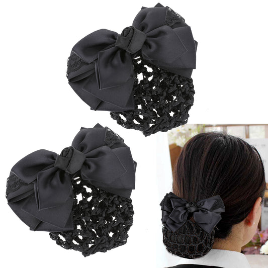2 Pieces Hair Snood Net Barrette Mesh Clip Elastic Butterfly Bun Bow Headdress French Hair Clips Ribbon Flower Hair Accessories for Stewardess Banks Hotels Restaurant Staff (Black)