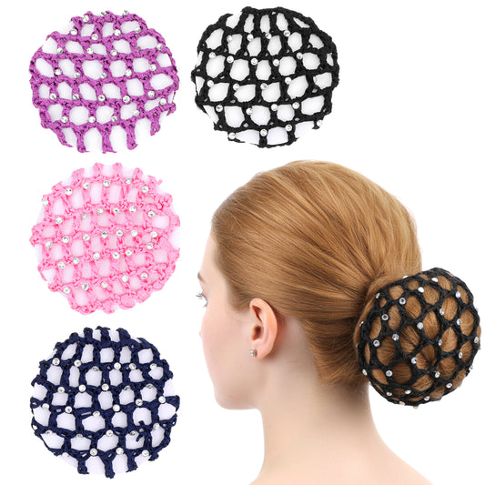 4 Pcs Hair Nets for Buns with Rhinestones, Elastic Women Hair Nets Handmade Crochet Bun Net for Ballet, Gymnastics, Figure Skating, Dancer (Black, Purple, Pink, Navy Blue)