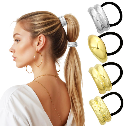 4 Pcs Metal Hair Ties Gold Hair Ties Metal Geometric Elastic Hair Ties Fashion Glossy Gold Hair Cuffs Gold Ponytail Cuff Elastic Hair Ties for Women Long Hair Ponytail Holder Hair Accessories
