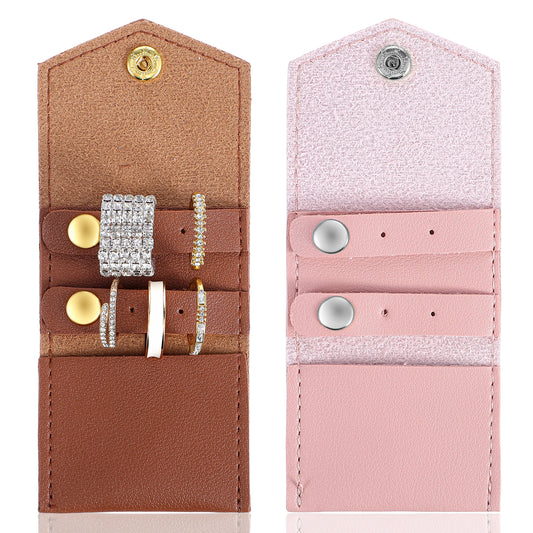 Xelsluthe 2 PCS Mini Travel Jewelry Roll Bag, Foldable Travel Jewelry Pouch with Buckle, Multifunctional Portable Small Traveling Storage Roll Case for Rings Earrings Necklaces (Brown, Pink)