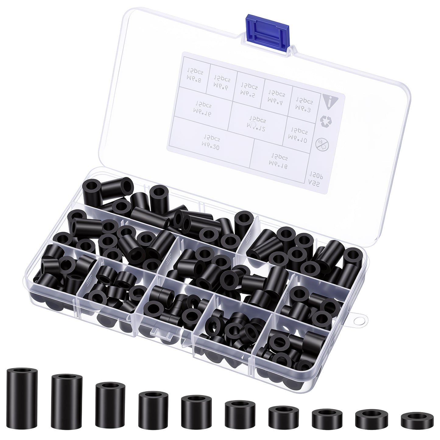 150 Pcs Black Nylon Spacers, Outlet Spacer ID 6 mm & OD 11 mm, 10 Lengths – 3,4,5,6,8,10,12,15,18,20(mm), Non-Threaded Round Plastic Spacers for Switch & Receptacle Screws