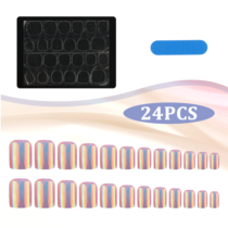 24 Pcs Chrome Press on Nails Short Glue On Nails Short with Glue and Nail File Short Square Press on Nails Short Fake Nails Stick On Nails for Women