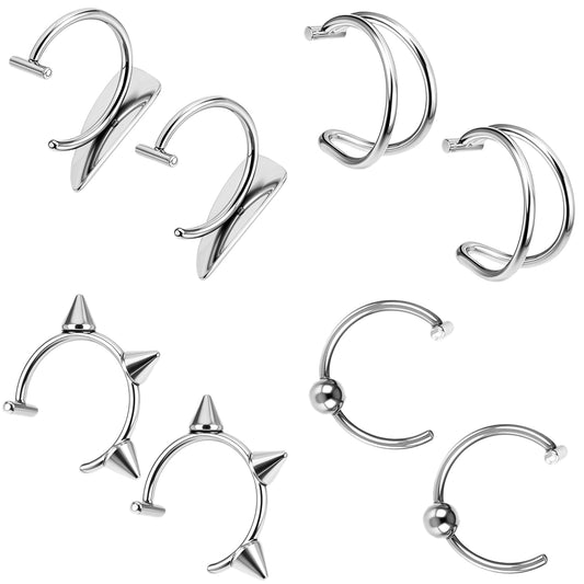 Zyghjort Fake Lip Piercing, 8 Pcs Stainless Steel Fake Lip Ring 4 Styles Clip on Faux Nose Ring Adjustable Non-Piercing Septum Piercings for Women Men (Silver)