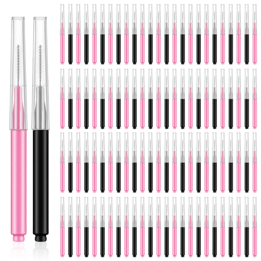 100 PCS Micro Eyebrow Brush, Black Brow Lamination Brush with Cap, Pink Multi Function Eyelash Brushes for Eyelash and Eyebrow Extension Tools