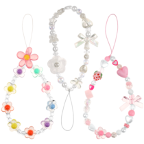3PCS Phone Charms Strap, Cute Beaded Phone Charm, Aesthetic Cellphone Wrist Strap, Flower Phone Chain, Heart Beaded Strap Phone Lanyard(White and Pink)