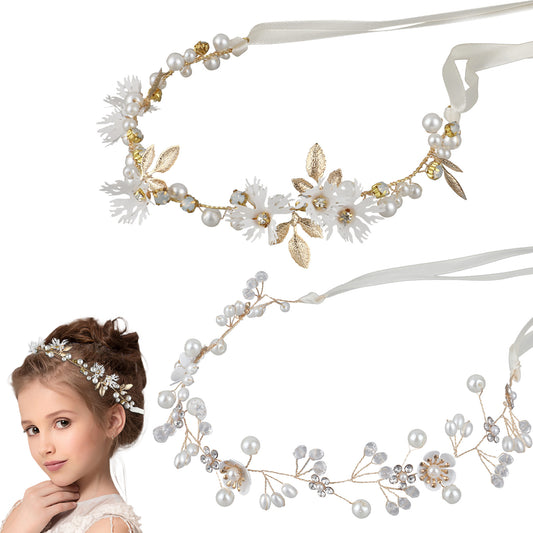 2 Pcs Daisy Pearl Flower Vine Rhinestones Headband, Flower Girl Headpiece, Pearl Bridal Headband, Flower Headband Floral Hair Wreath Headpiece, Princess Headpiece Pearl Bridal Headband