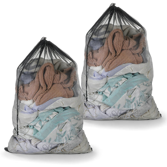 2 Pack Mesh Laundry Bags, Travel Laundry Bags, 60 x 90 cm Heavy Duty Large Drawstring Bag for Travel Storage, Machine Washable Hamper Liners for Home College Dorm Apartment (Black)