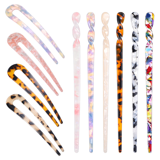 Acetate Hair Sticks for Buns, 10 Pcs Tortoise Hair Chopsticks U-Shaped Hairs Pins Vintage French Hairs Forks Hairstyling Accessories for Women Girls (Classic, 10 Colors)