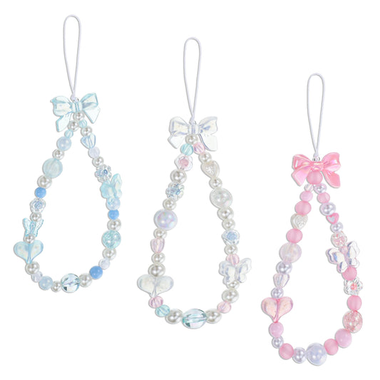 Zelphvt Beaded Phone Charm Lanyard Wrist Strap Cute Bow Butterfly Love Heart Flower Beaded Charm Phone Bracelet Keychain Cellphone Charms Strap for Women, Blue, Pink, White