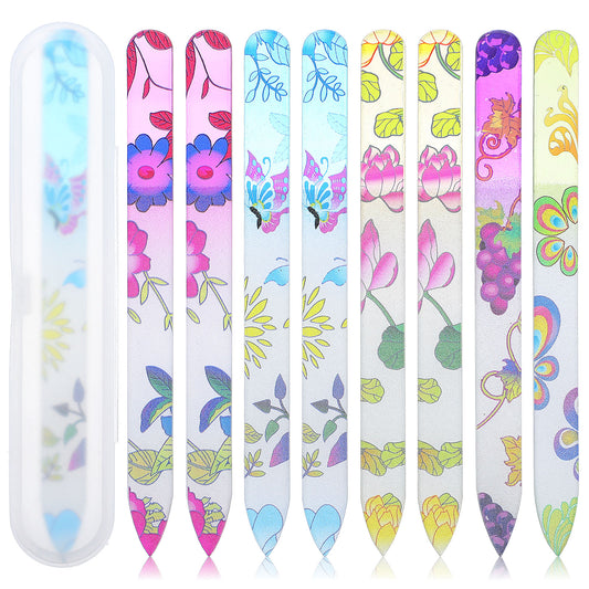 8 PCS Glass Nail Files with Case, Double Sided Crystal Nail File Colorful Floral Nail File Buffers Professional Manicure Tools Nails Care Fingernail Files for Women Natural Nails & Fake Nail Care
