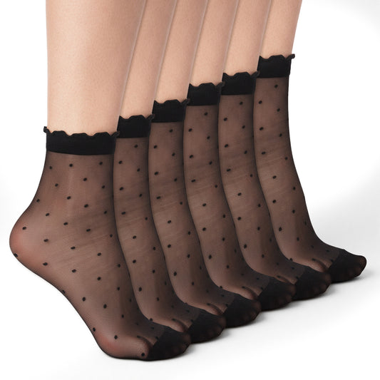 3 Pairs Women's Sheer Ruffle Socks, Ruffle Polka Dot Lace Mesh Black Sheer Ankle Socks, Nylon Stretchy Breathable Thin Fishnet Dress Sock with Reinforced Toe, Elegant Casual Stockings for Summer