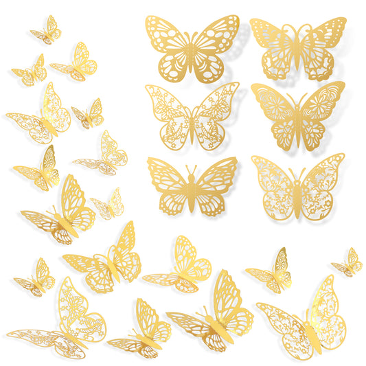 144 Pcs Butterfly Wall Decor 3D Butterfly Stickers 3 Sizes Decals Fridge Sticker Removable Mural Stickers Decorative Gold Butterfly Party Decoration for Bedroom Party Wedding Decor DIY Gift