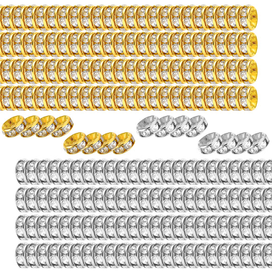 800 Pieces Round Rondelle Spacer Beads Rhinestone Spacer Beads Crystal Loose Charm Bead Spacers for Jewelry Making(6 mm,Gold, Silver)