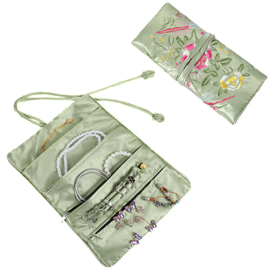 Embroidery Travel Jewelry Bag Roll, Embroidery Jewelry Organizer Roll, Jewelry Travel Bag, Embroidered Flower and Bird Brocade Organizer with Tie, Foldable Ancient Style Pouch, Jewellery Organizer
