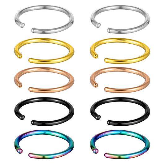 Qulkws 10 Pcs Stainless Steel Fake Nose Rings, Nose Rings Hoops, Fake Septum Nose-Ring, Lip Ring, Clip On Nose-Cuffs, Faux Nose-Hoop, Non Pierced Jewelry for Women Men (5 Colors)