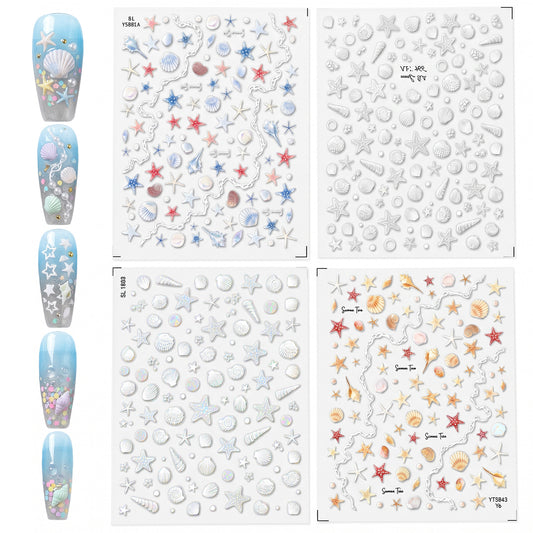 Beach Nail Stickers, 4 Sheets 5D Embossed Starfish Seashell Ocean Nail Stickers Self Adhesive Sea Theme Summer Nail Decals for Women DIY Manicure Decorations