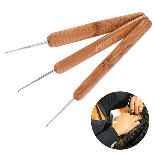 3 PCS Crochet Hooks for Hair, Crochet Hook Set 0.5/0.75/1.0mm Crochet Needles Dreadlock Crochet Hook with Bamboo Handles Braid Hair Dreadlocks Needle Weaving Crochet for Braid Craft