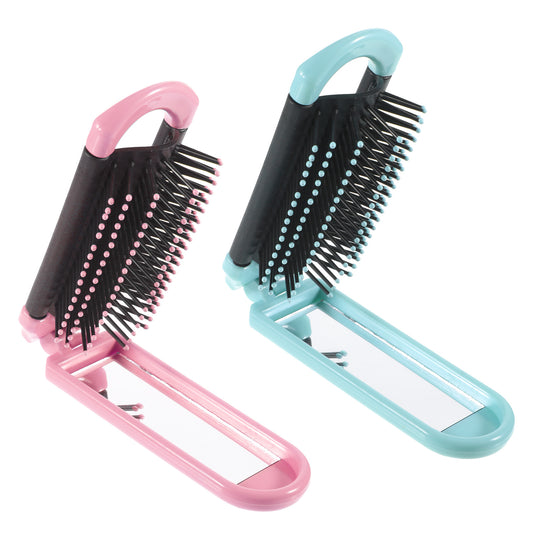 Foldable Hair Brush with Mirror, 2 Pcs Portable Travel Hairbrush Anti-static Mini Hair Brush Pocket Size Compact Massage Comb Hair Styling Tools for Women Girls Home Travel Gym Purse (Pink, Green)
