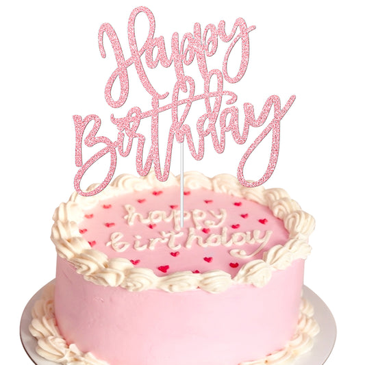 Happy Birthday Cake Topper, Pink Glitter Birthday Party Cake Decoration Supplies, Happy Birthday Cake Pick for Photo Booth Props, Happy Birthday Cake Bunting Decor for Anniversary Party Decoration