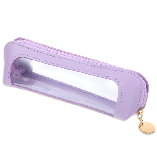 Clear Makeup Brush Bag, PU Leather Small Makeup Pouch Portable Travel Mini Cosmetic Bag Transparent Waterproof Organizer Pouch with Zipper for Women Home Travel Office Cosmetic Storage (Purple)