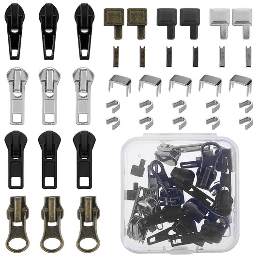39 Pcs Zipper Repair Kit Zipper Slider Replacement with Pull Metal Zipper Retainer Box Insertion Pin 6 Sets, Replacement Zipper Bottom Top Stop, Metal, Plastic, Nylon Coil Zippers Head FIx on Jaceket