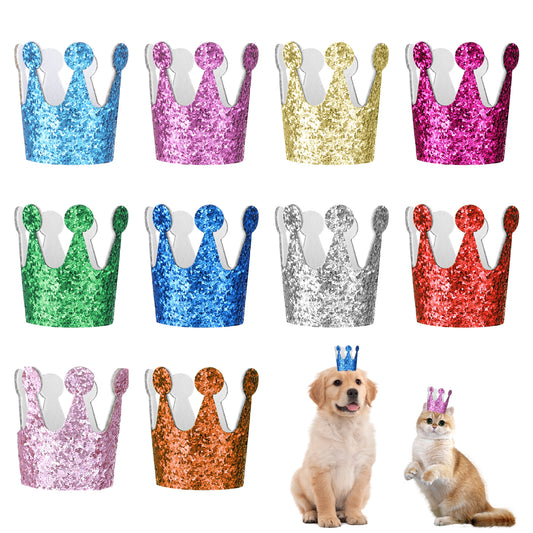 Cat Birthday Crown Hat, 10 Pieces Dog Party Hats Mimi Cat Hats Small Glitter Party Hats Cute Puppy Hat Adjustable Headbands Multicolor Birthday Hats for Cats Dogs Stuffed Animals Party Accessories