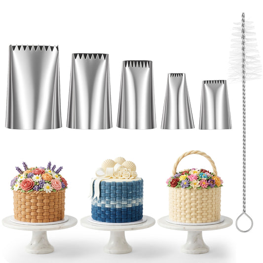 5 Pack Basketweave Piping Tips Set Stainless Steel Cake Decorating Tips Large Frosting Piping Kit Cream Icing Pipings Fondant Nozzle with Brush for Cupcake Baking Cookie Buttercream Supplies